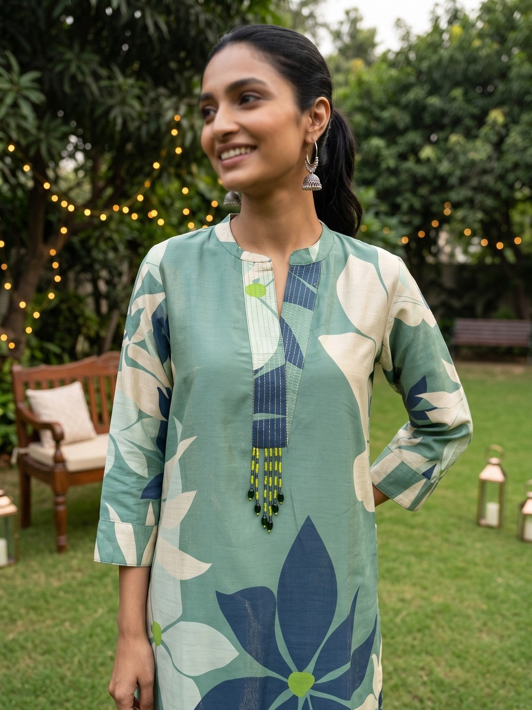 Green Mandarin Neck Floral Print Kurta Set For Women