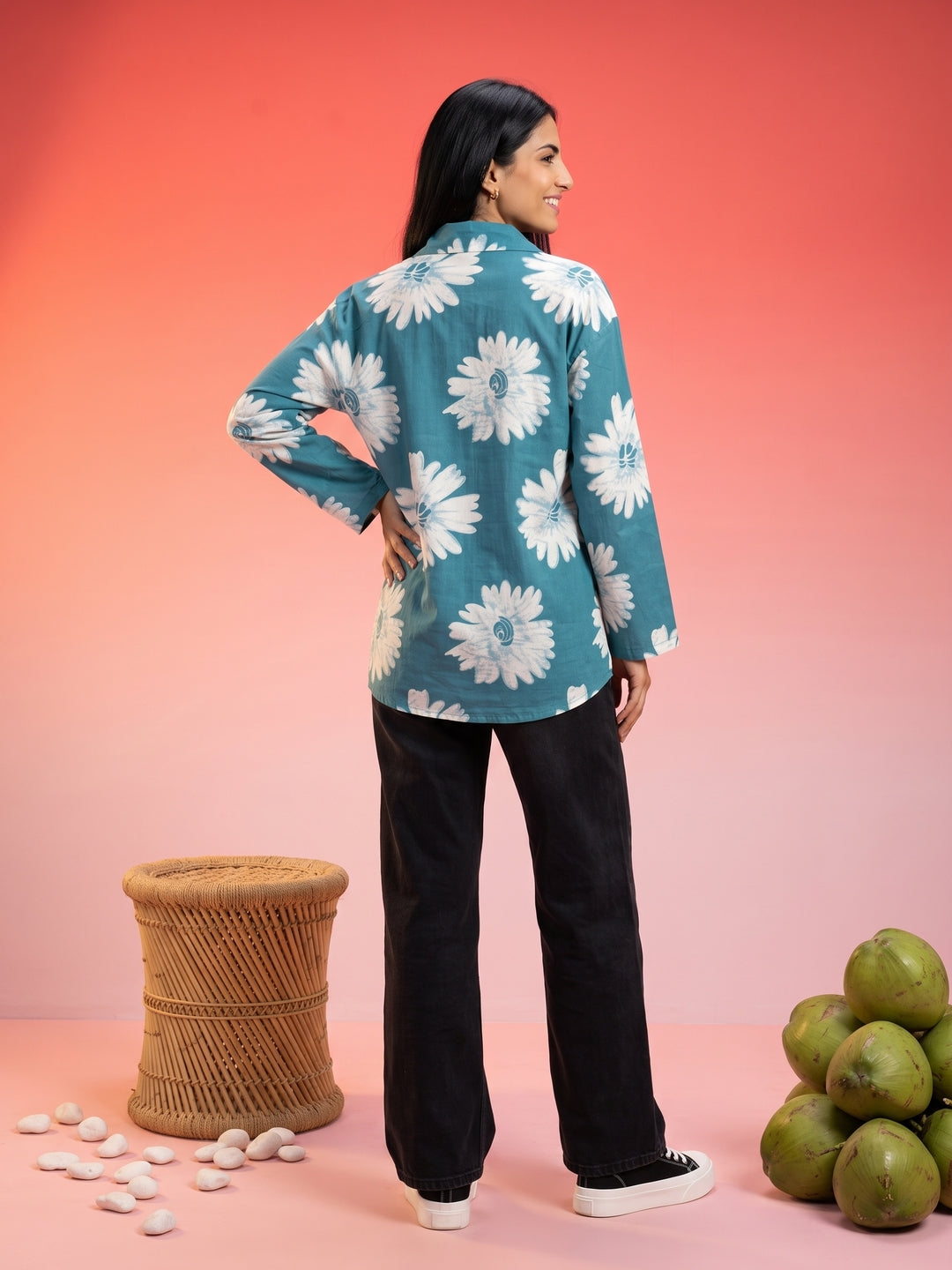 Blue & White Floral Print Shirt Collar Cotton Top For Women