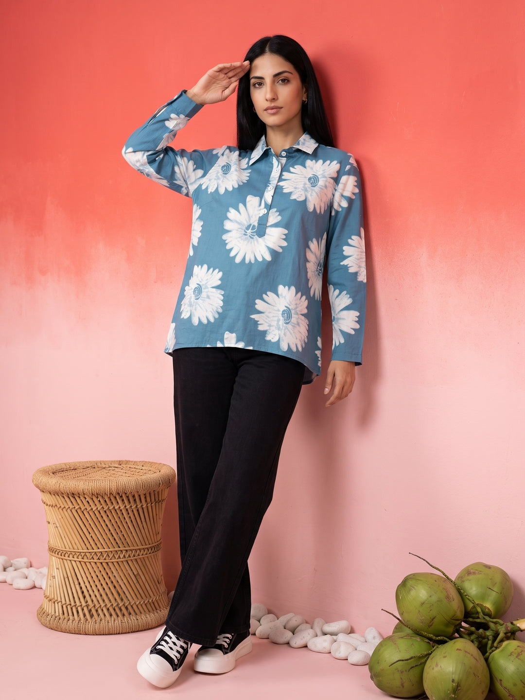 Blue & White Floral Print Shirt Collar Cotton Top For Women