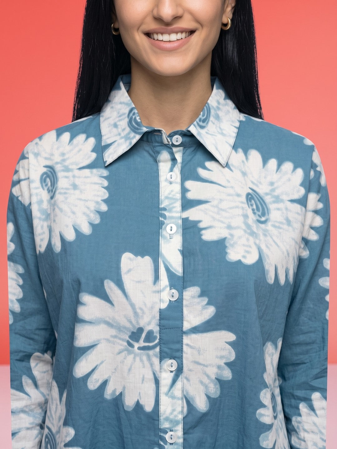 Blue & White Floral Print Shirt Collar Cotton Top For Women