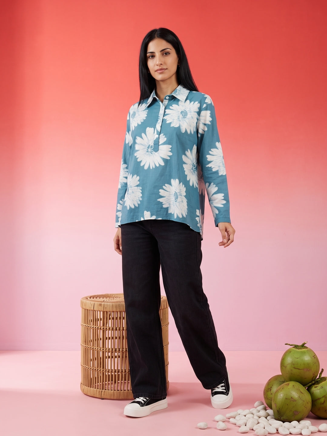 Blue & White Floral Print Shirt Collar Cotton Top For Women