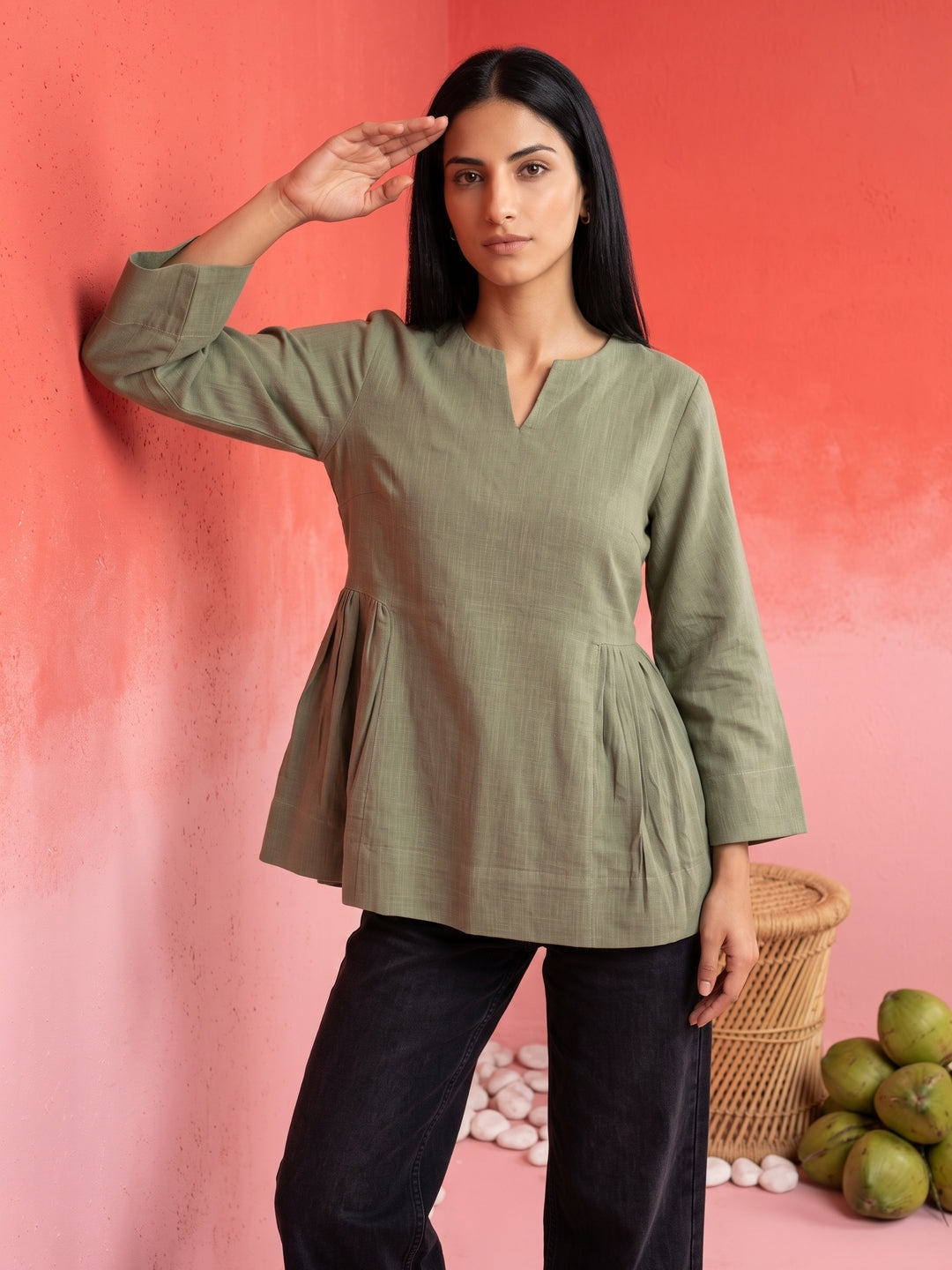 Grey Notch Neck Solid Pure Cotton Top For Women