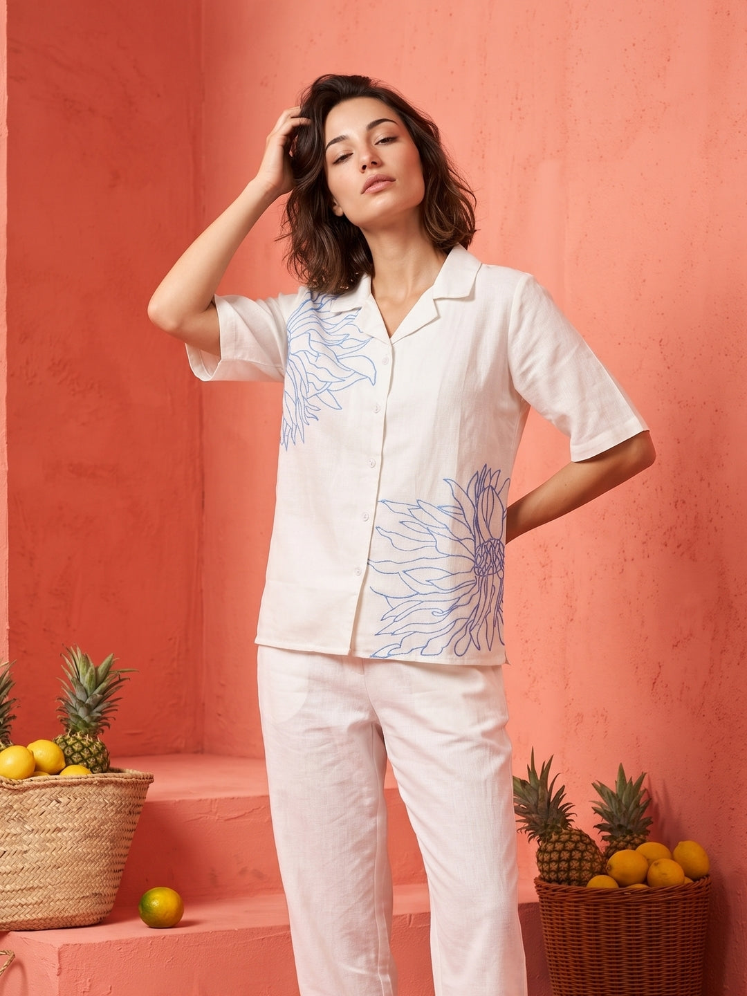 White Shirt Collar Embroidered Pure Cotton Shirt For Women