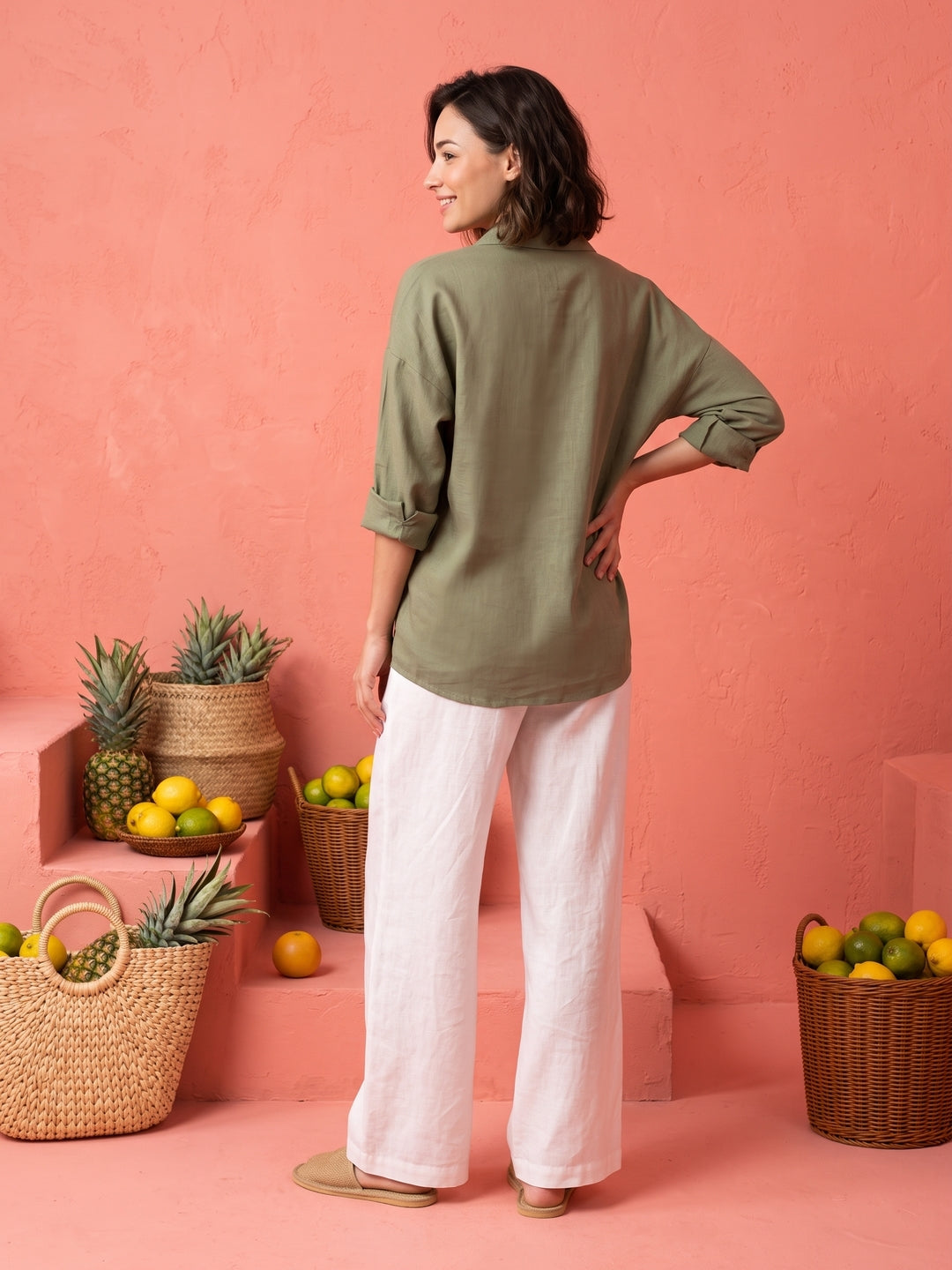 Green Solid Spread Collar Cotton Shirt For Women