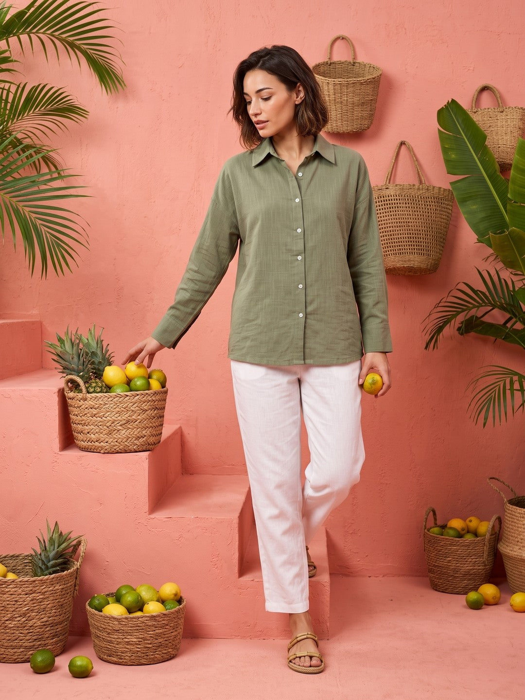 Green Solid Spread Collar Cotton Shirt For Women