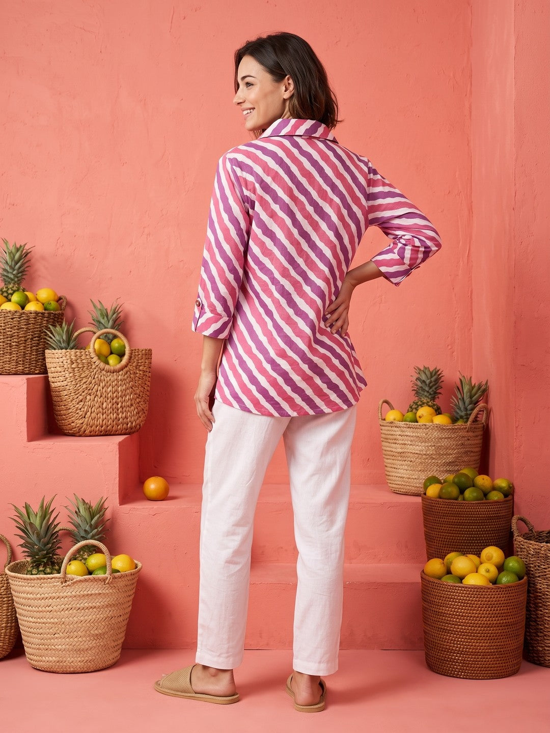 Pink Spread Collar Striped Cotton Shirt For Women