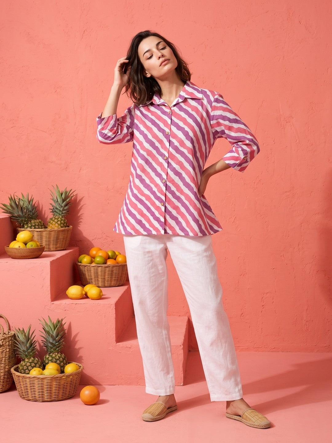 Pink Spread Collar Striped Cotton Shirt For Women
