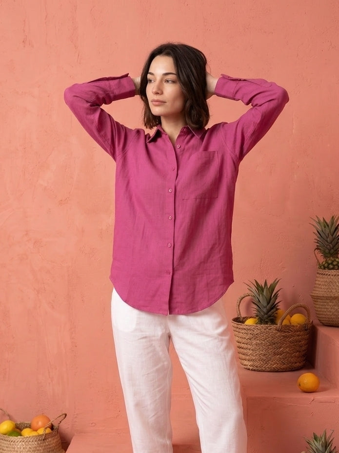 Pink Solid Spread Collar Cotton Shirt For Women