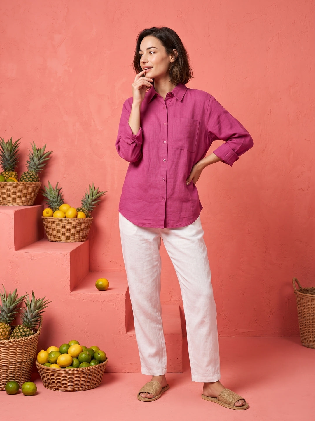 Pink Solid Spread Collar Cotton Shirt For Women