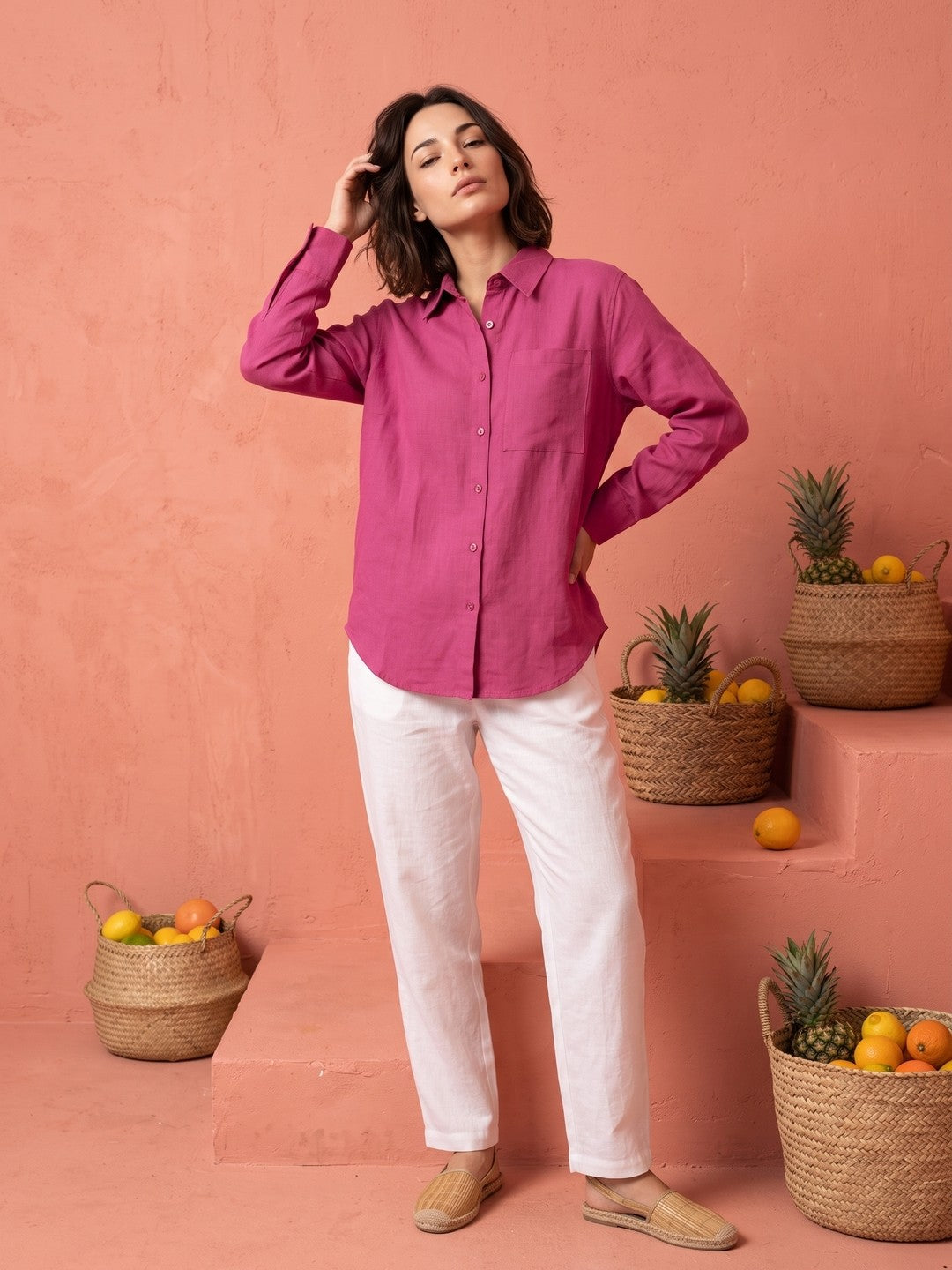Pink Solid Spread Collar Cotton Shirt For Women