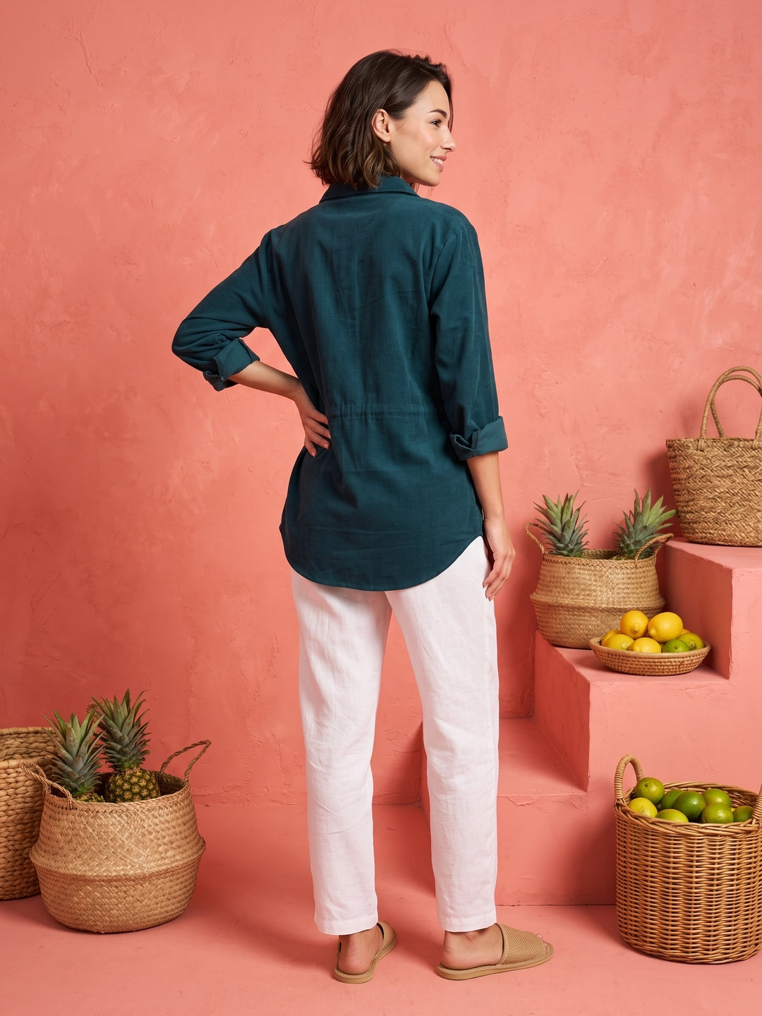 Teal Solid Spread Collar Cotton Shirt For Women