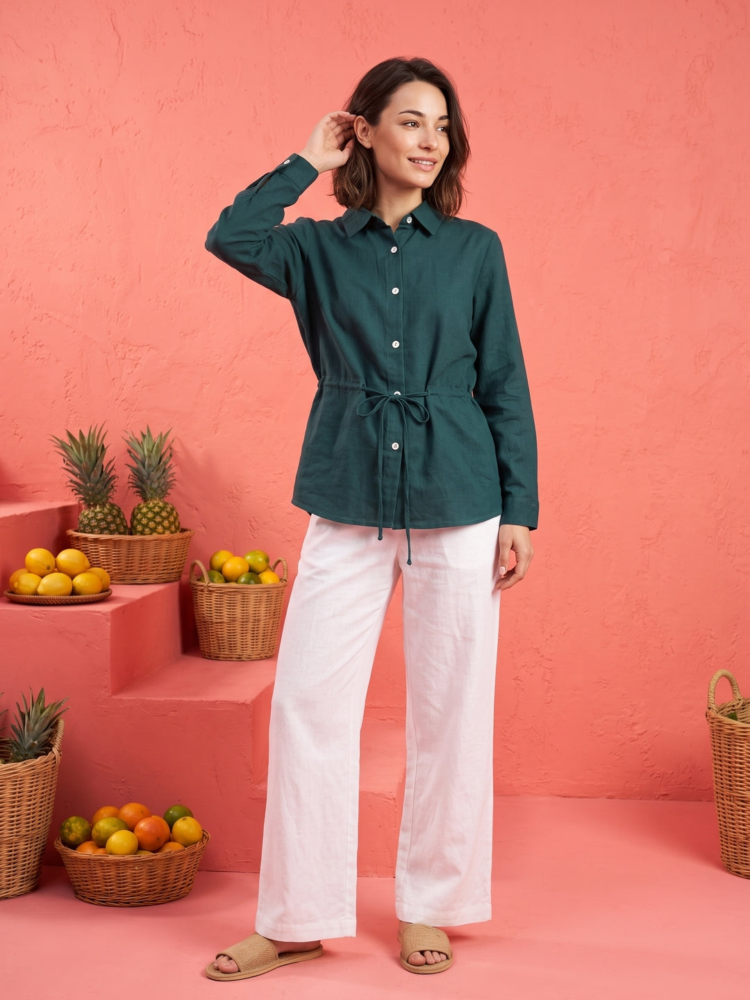 Teal Solid Spread Collar Cotton Shirt For Women