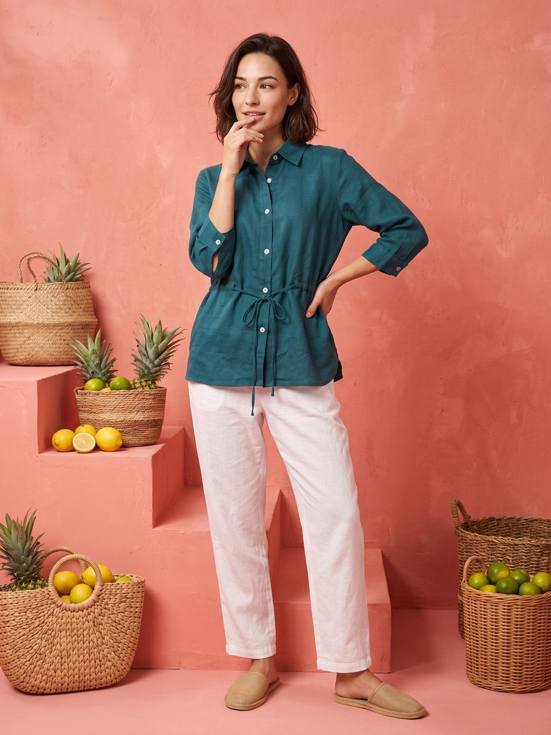 Teal Solid Spread Collar Cotton Shirt For Women