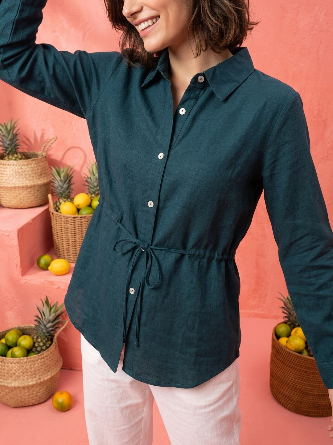 Teal Solid Spread Collar Cotton Shirt For Women