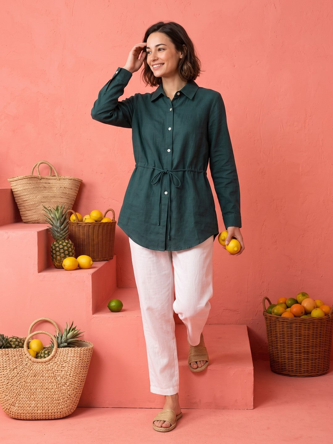 Teal Solid Spread Collar Cotton Shirt For Women