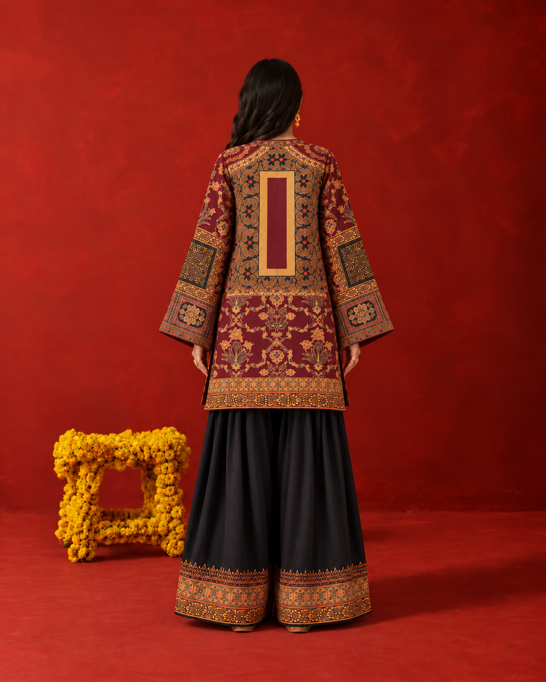 Maroon V-Neck Persian Arabesque Print Farshi Salwar Suit Co-ord Set For Women