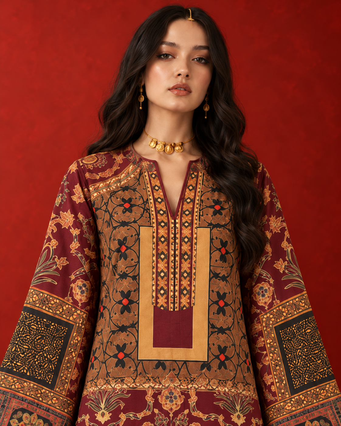 Maroon V-Neck Persian Arabesque Print Farshi Salwar Suit Co-ord Set For Women