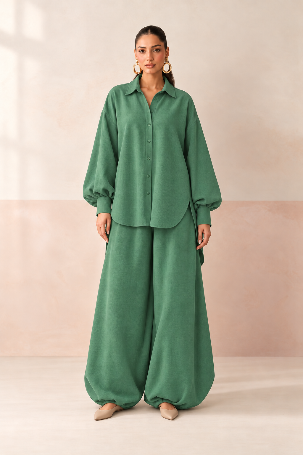 Green Shirt Collar Solid Long Sleeve Balloon Style Co-Ord Set For Women