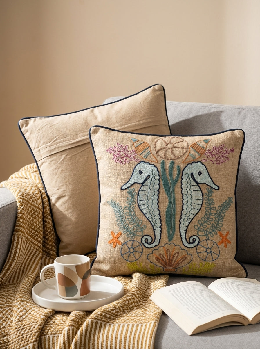 Beige Cotton Square Embroidered Cushion Cover With Seahorse Motif