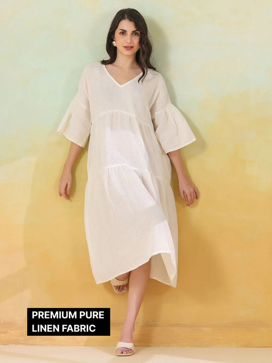 White Solid Cotton Linen Blend Dress for Women