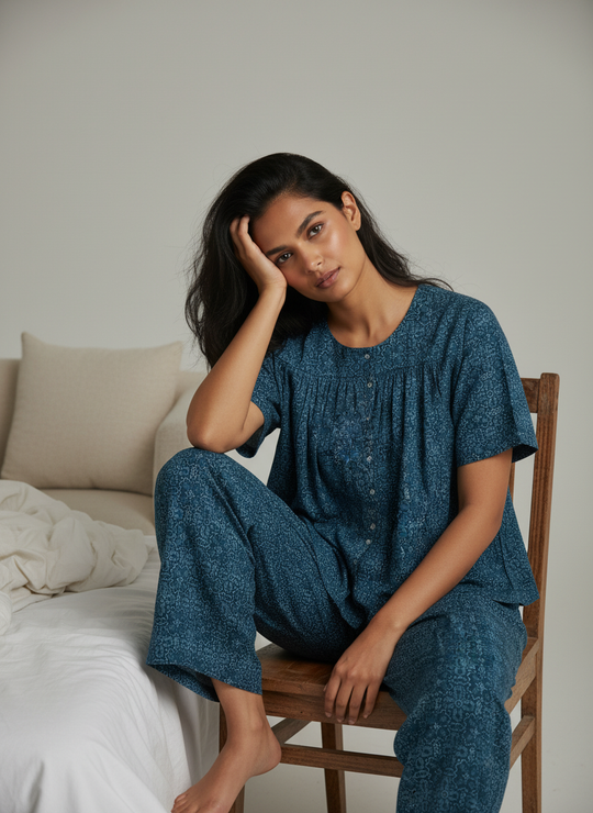 Blue Printed Round Neck Cotton Night Suit Set for Women