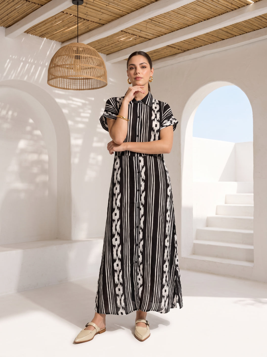 Black Shirt Collar Geometric Stripes Print Cotton Maxi Dress For Women