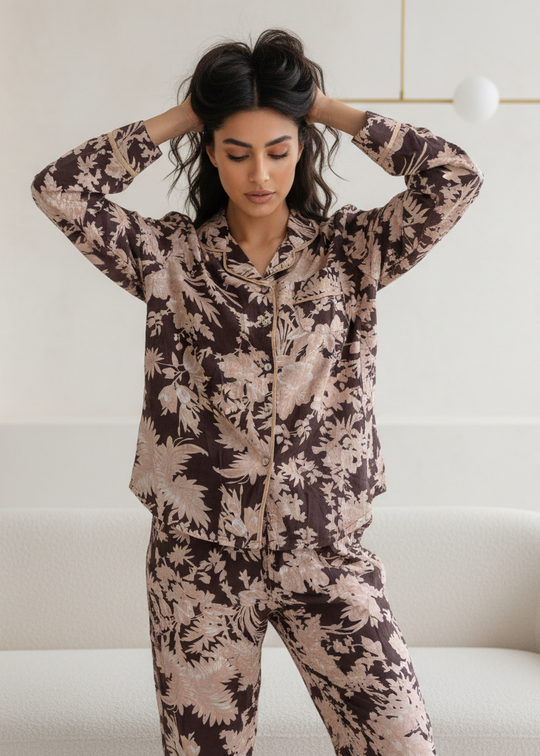 Brown Floral Print Shirt Collar Cotton Night Suit Set for Women