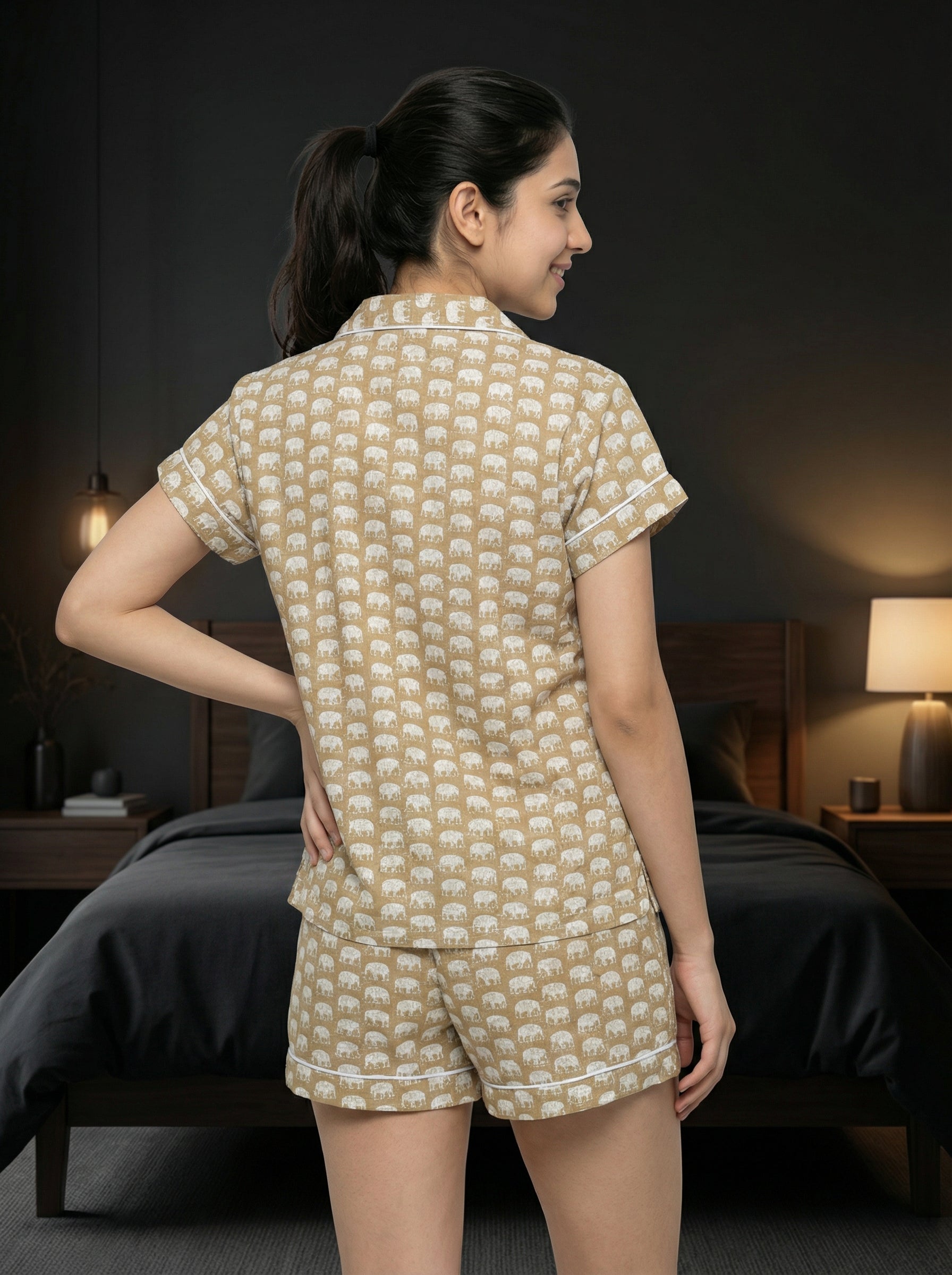 Beige Animal Print Shirt Collar Pure Cotton Night Suit Set for Women