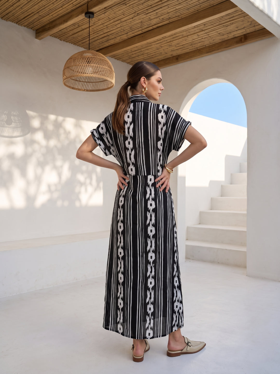Black Shirt Collar Geometric Stripes Print Cotton Maxi Dress For Women