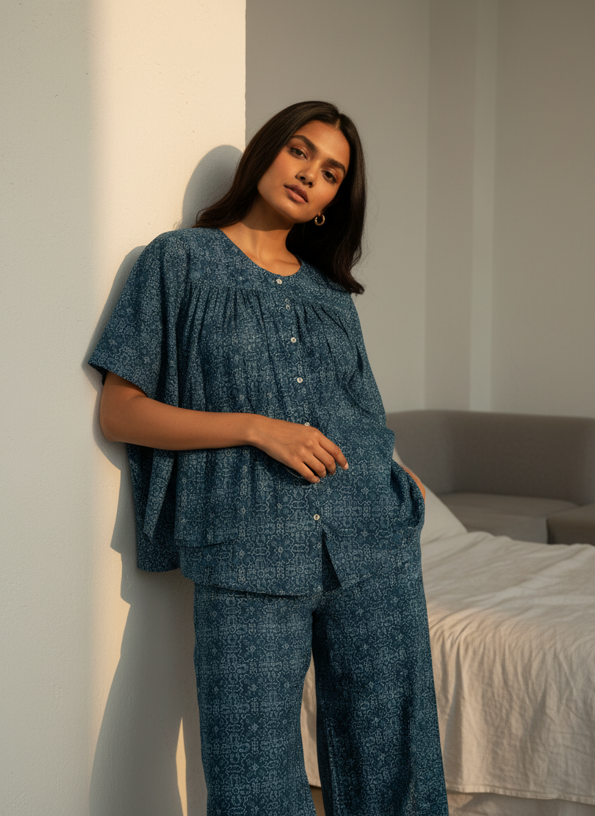 Blue Printed Round Neck Cotton Night Suit Set for Women