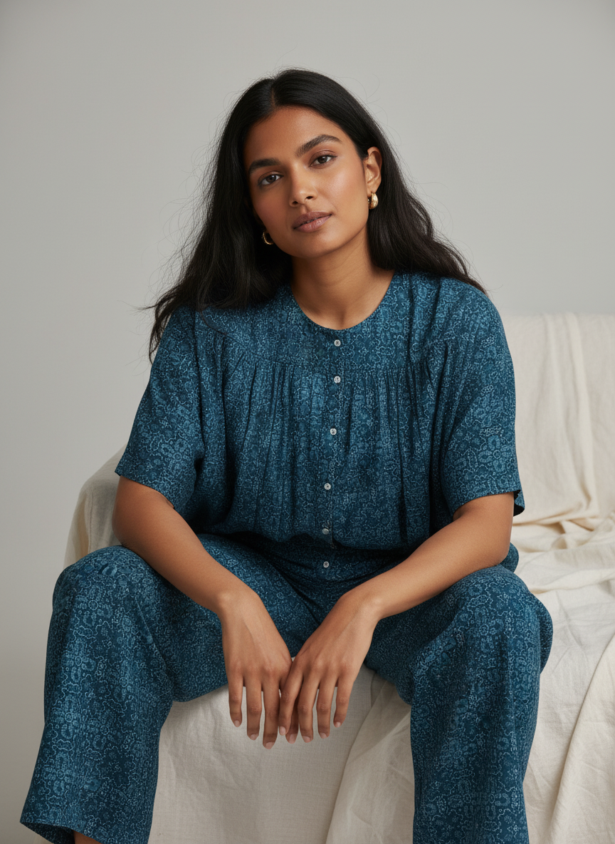 Blue Printed Round Neck Cotton Night Suit Set for Women