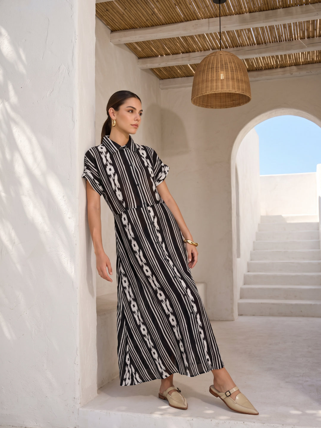 Black Shirt Collar Geometric Stripes Print Cotton Maxi Dress For Women