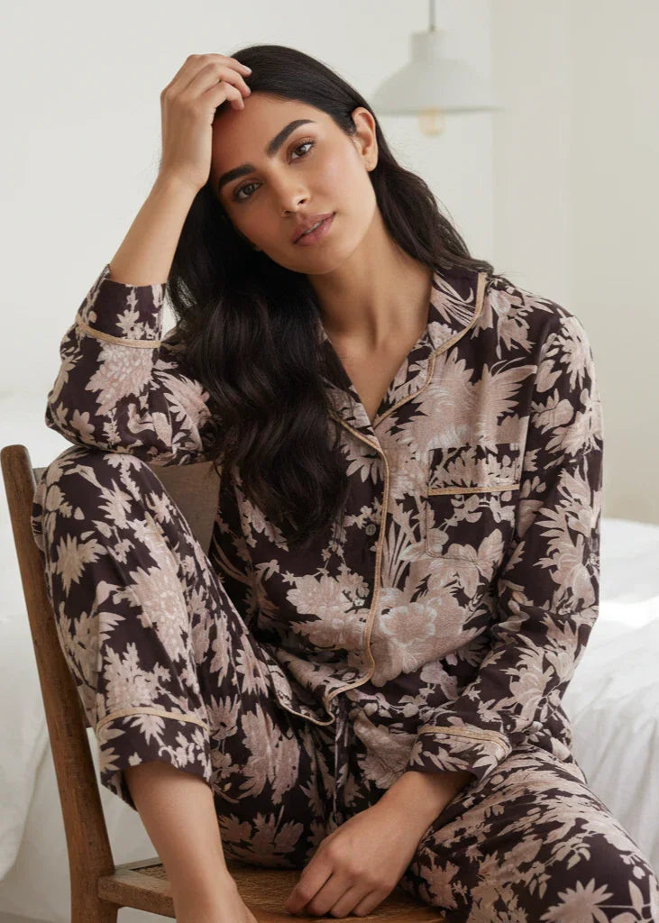 Brown Floral Print Shirt Collar Cotton Night Suit Set for Women - SanskrutiHomes 