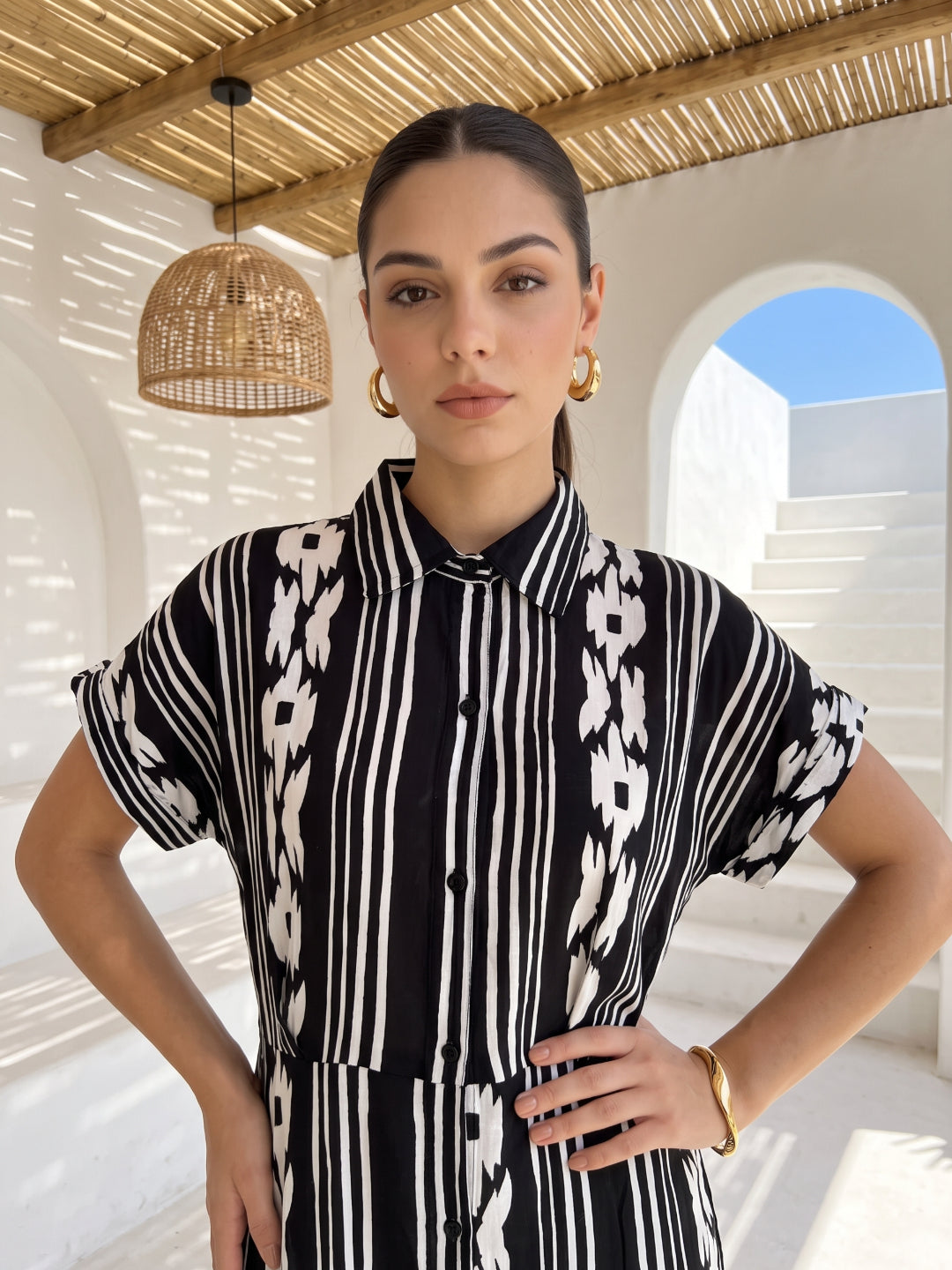 Black Shirt Collar Geometric Stripes Print Cotton Maxi Dress For Women