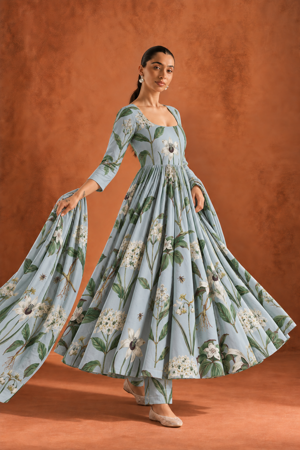 Blue Round Neck Anarkali Floral Print Kurta Set With Dupatta For Women