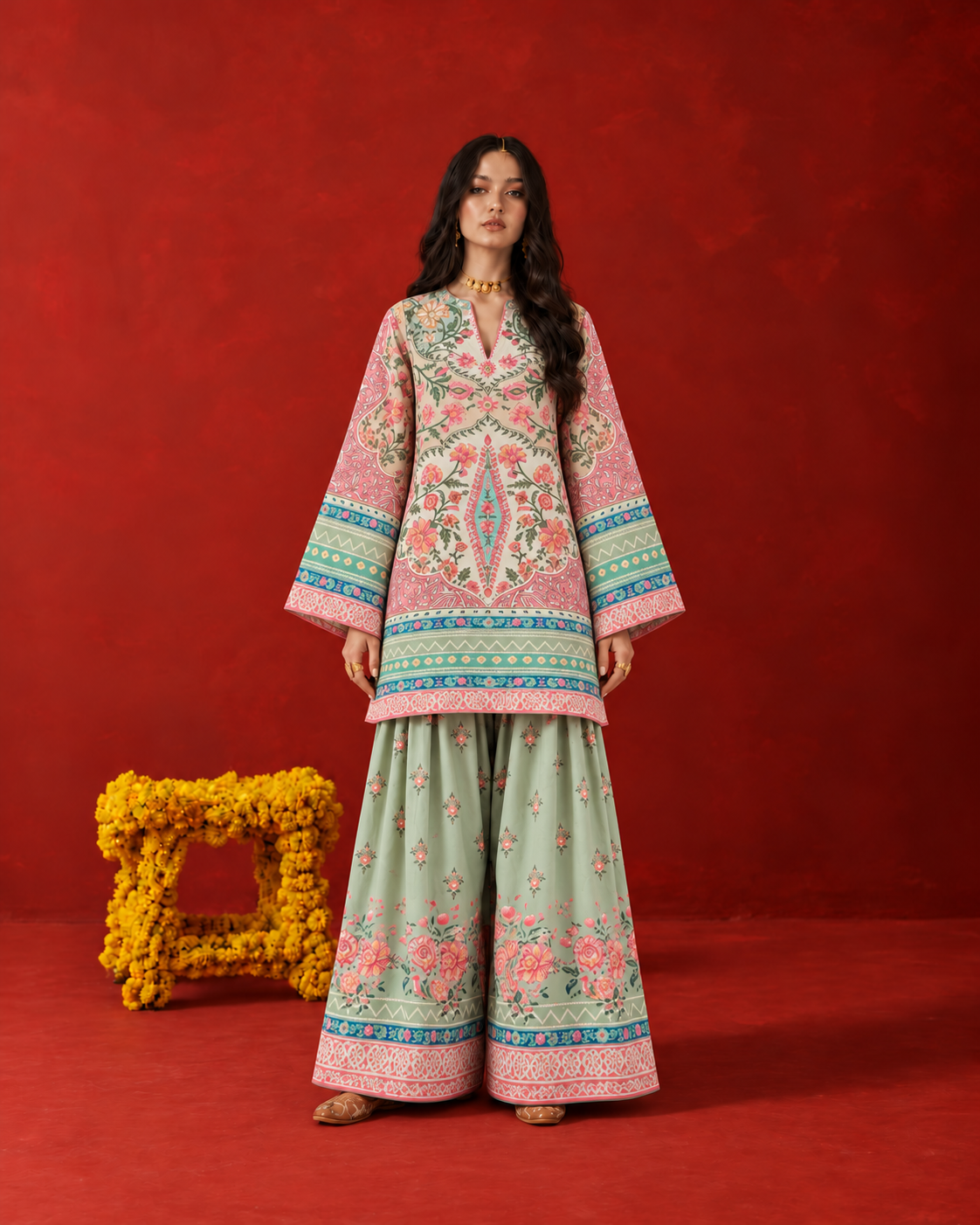 Sea Green Floral & Paisley Print V-Neck Farshi Salwar Suit Co-Ord Set For Women