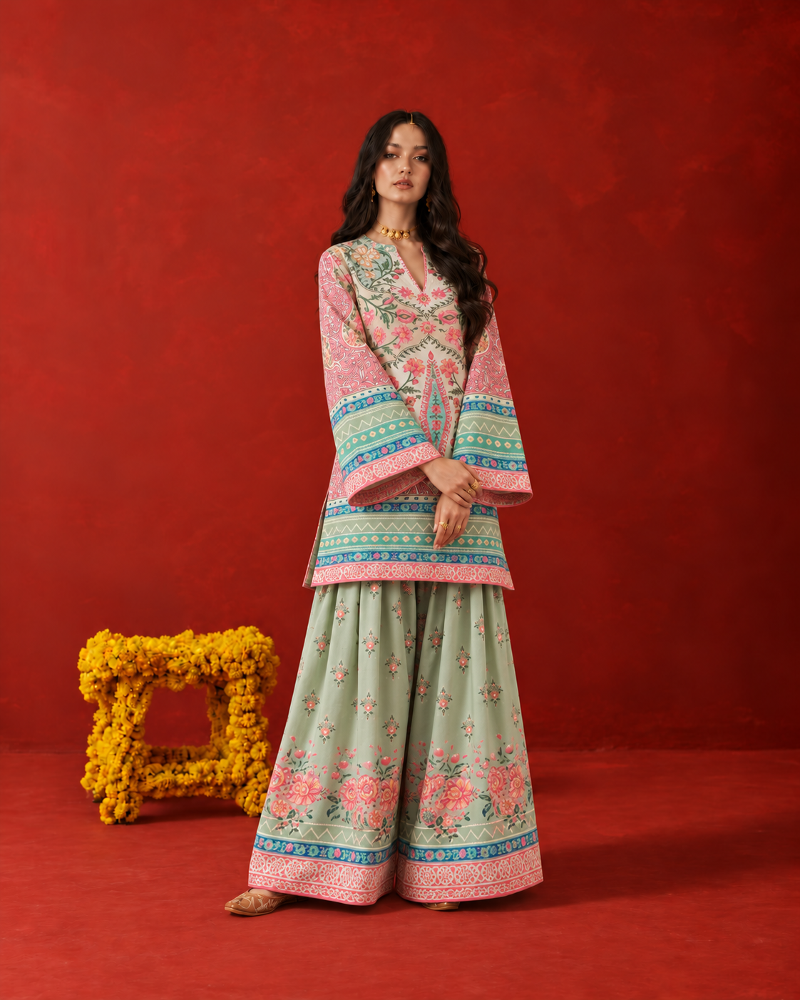 Sea Green Floral & Paisley Print V-Neck Farshi Salwar Suit Co-Ord Set For Women