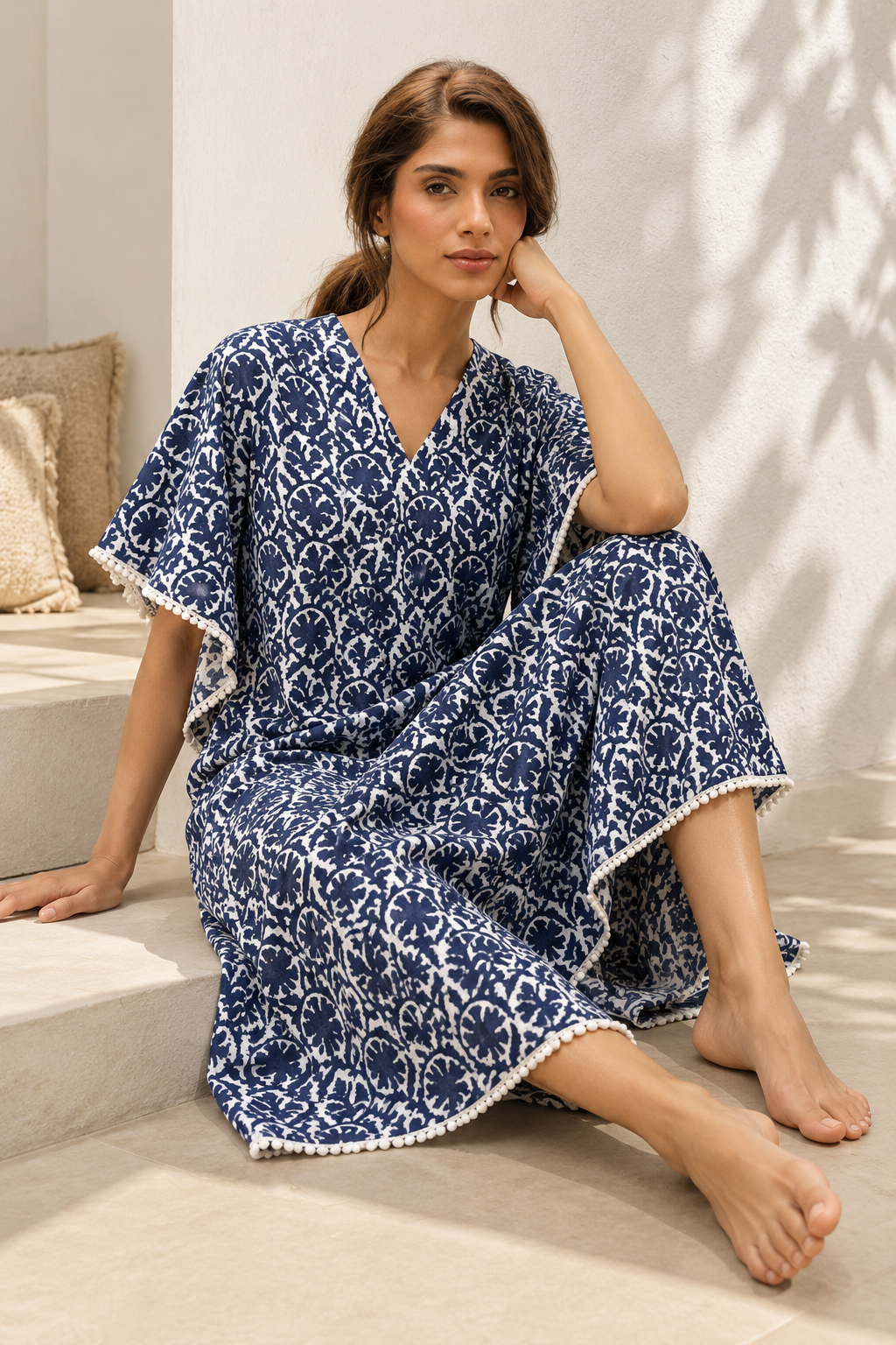 Navy Blue V-Neck Maxi Pure Cotton Floral Nighty For Women