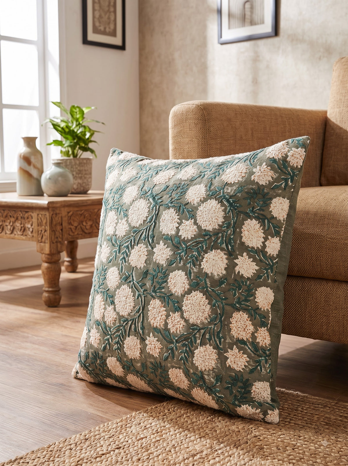 Off White Floral Textured Cotton Square Cushion Cover