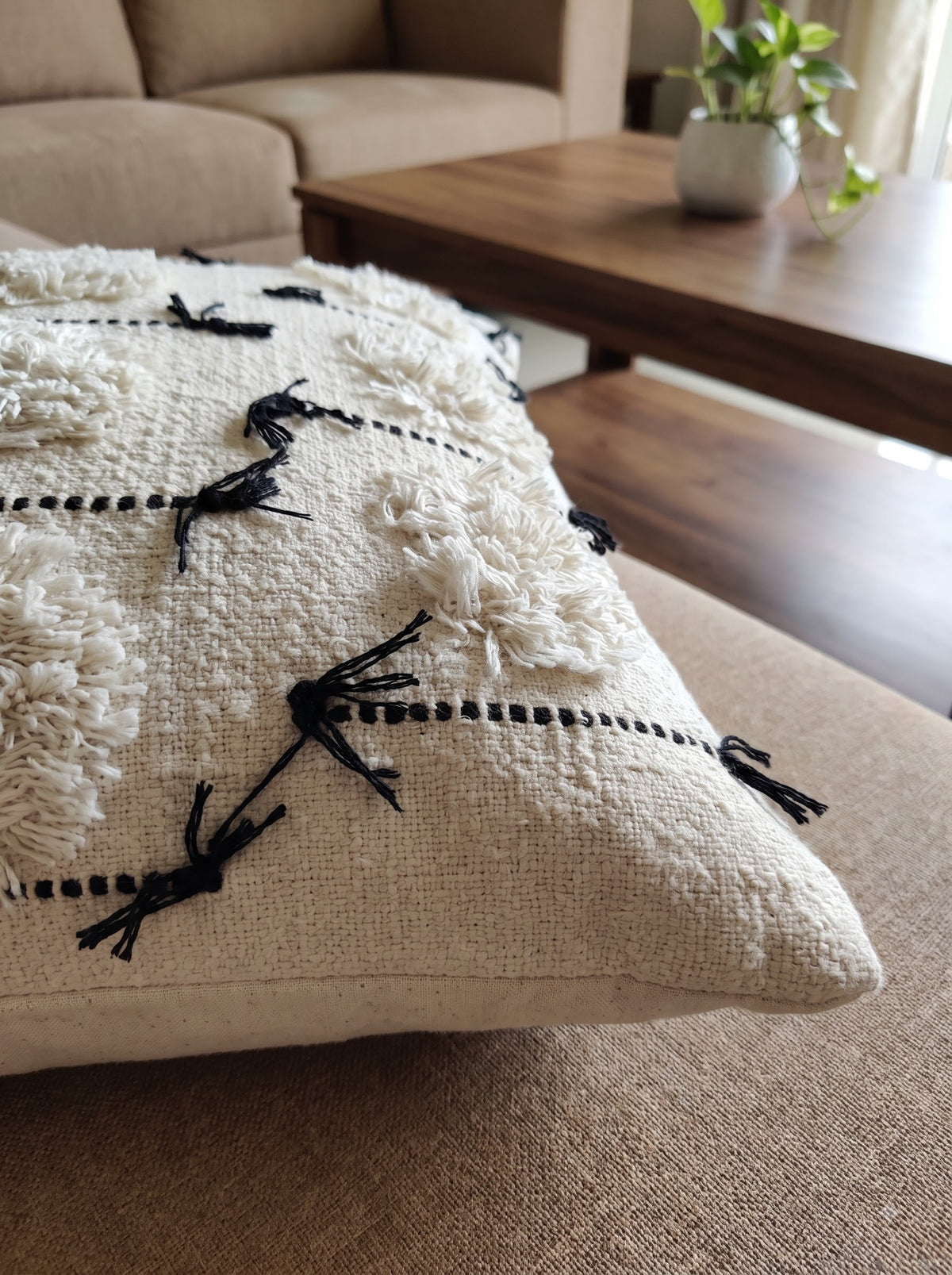 White Textured Embroidered Cotton Square Cushion Cover