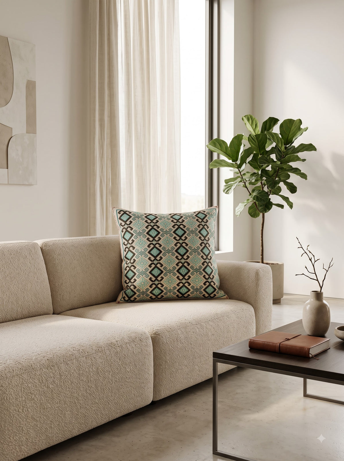 Sea Green Pure Cotton Geometric Embroidered Decorative Cushion Cover