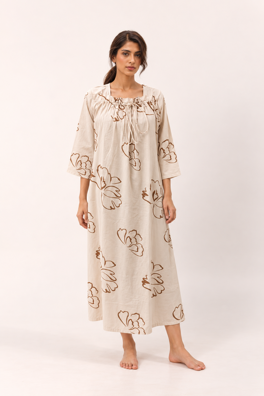 Off White Square Neck Knee Length Pure Cotton Floral Nighty For Women