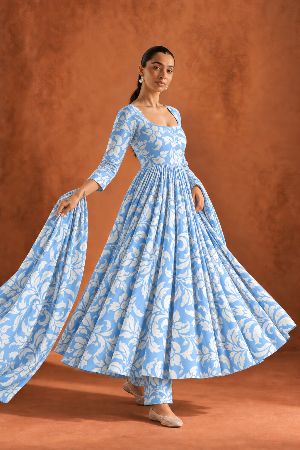 Blue & White Round Neck Floral Print Anarkali Kurta Set With Dupatta For Women