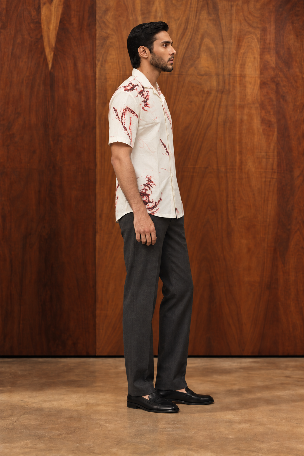 White & Red Abstract Printed Cotton Cuban Collar Short Sleeve Shirt
