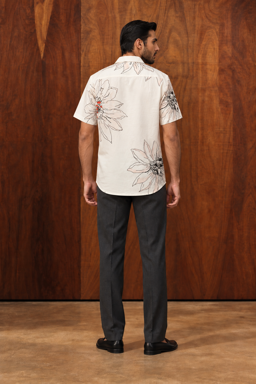 White & Black Floral Line Art Cotton Cuban Collar Short Sleeve Shirt