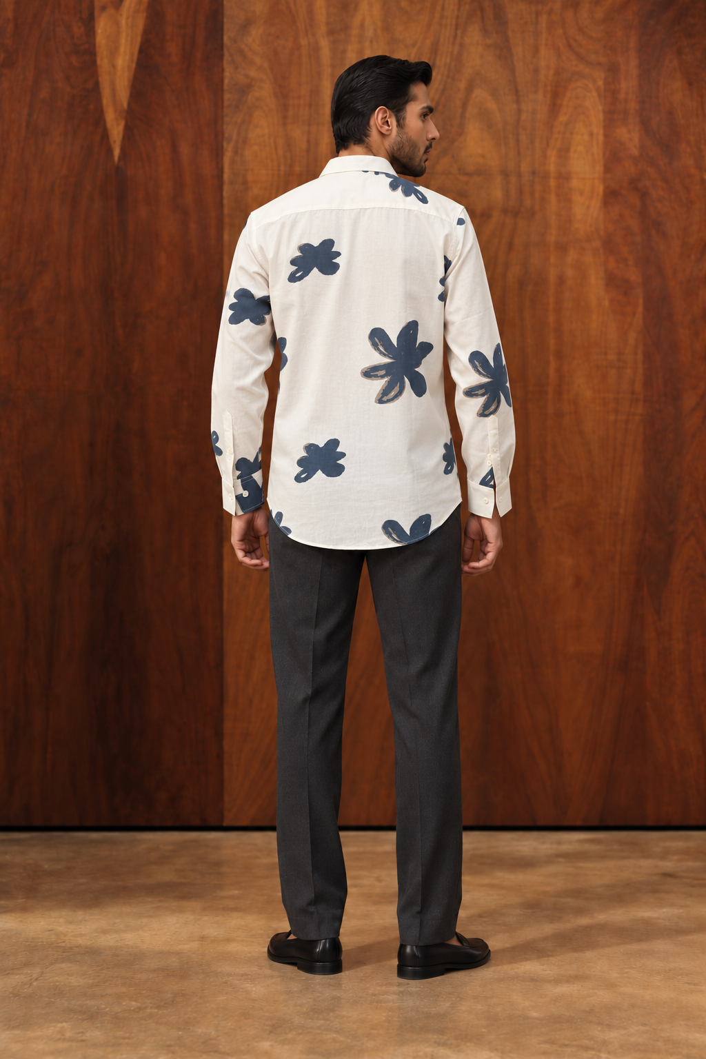 Off White Conversational Print Cotton Spread Collar Long Sleeve Shirt For Men