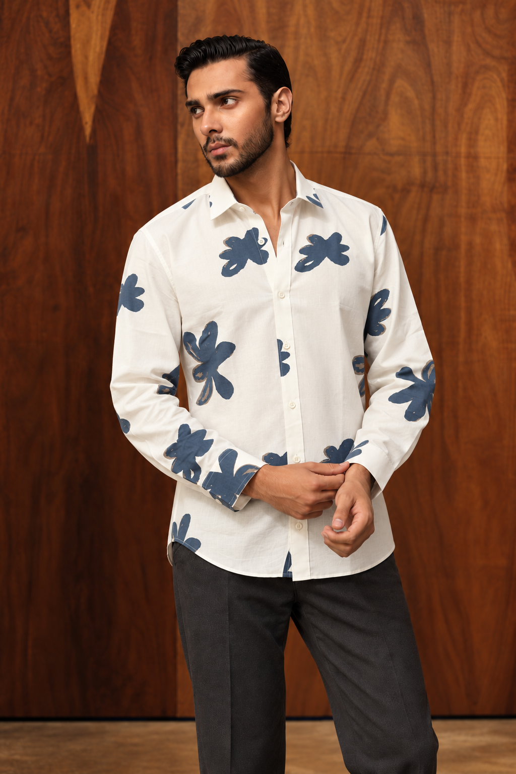Off White Conversational Print Cotton Spread Collar Long Sleeve Shirt For Men