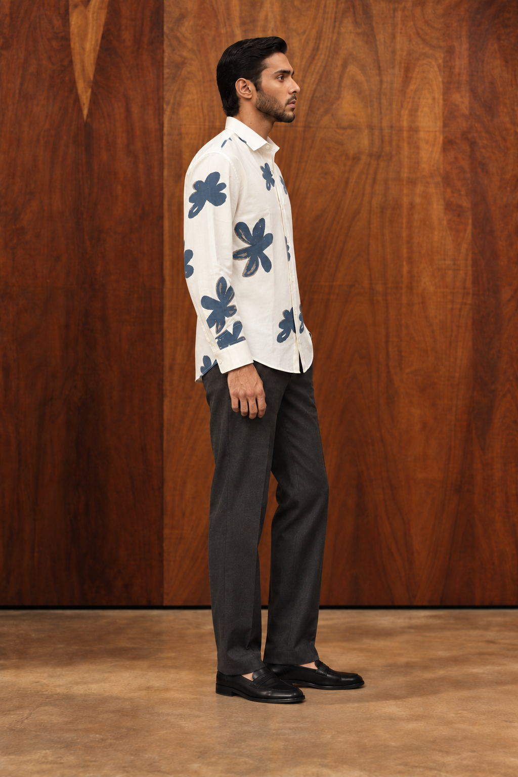 Off White Conversational Print Cotton Spread Collar Long Sleeve Shirt For Men