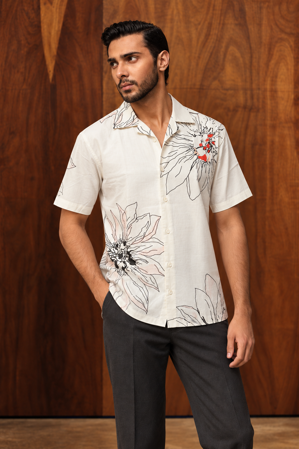 White & Black Floral Line Art Cotton Cuban Collar Short Sleeve Shirt