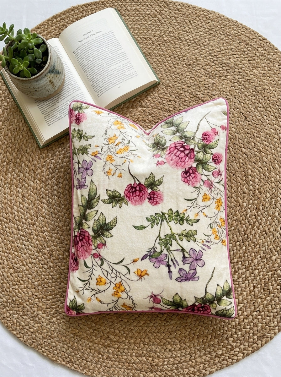 White Velvet Rectangular Floral Printed Cushion Cover